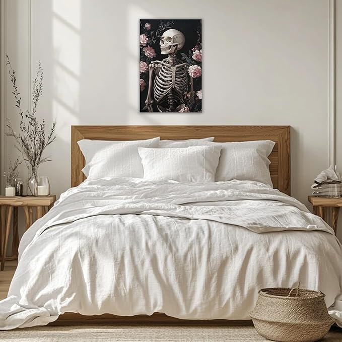 OAAPITI Skull Floral Wall Art Vintage Skeleton Portrait Canvas Print Dark Gothic Skull Art for Living Room Bedroom Home Wall Decor Ready to Hang(Artwork-10,16"x24")