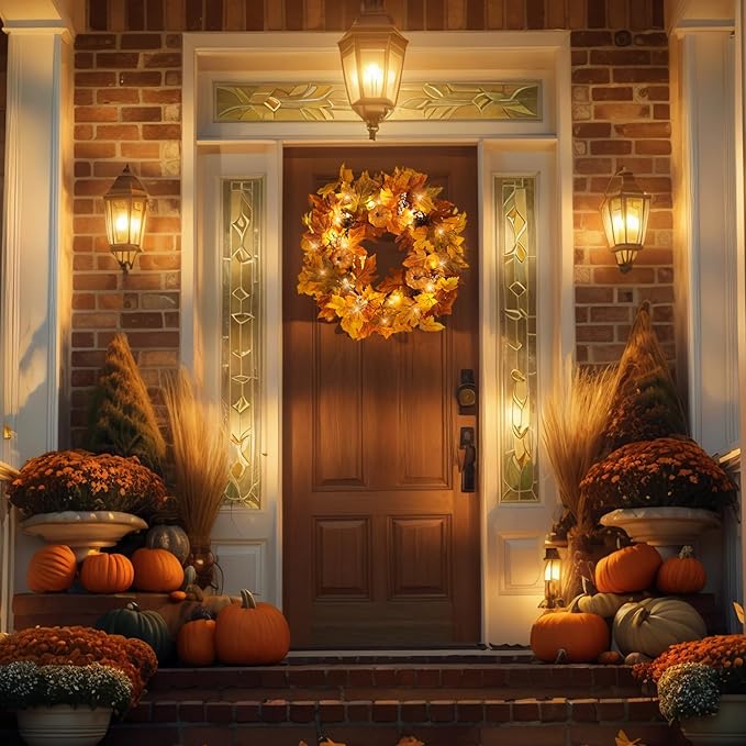 Fall Wreaths for Front Door Outside Autumn Wreath with Lights Berries Pine Cones Fall Decorations for Home Decor Pumpkin Wreath for Farmhouse Holiday Thanksgiving Harvest Halloween Outdoor
