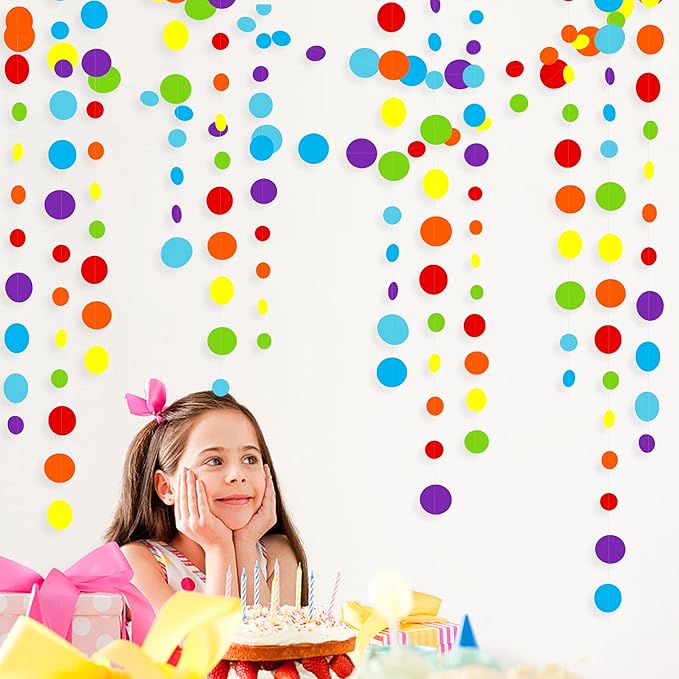 46Ft Rainbow Garland Colorful Circle Dots Hanging Paper Streamer Backdrop Multi Color Polka Dot Banner for Birthday Bachelorette Engagement Wedding Bridal Baby Shower Fiesta Party Decorations Supplies