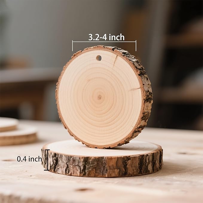 20PCS Pre-Drilled Wood Slices with Holes, 3.2-4 Inch Natural Pine Discs & 8M Hemp Rope, Sanded Smooth DIY Crafts Kit for Christmas Ornaments, Rustic Wedding Decor, Kids Art (20pcs)