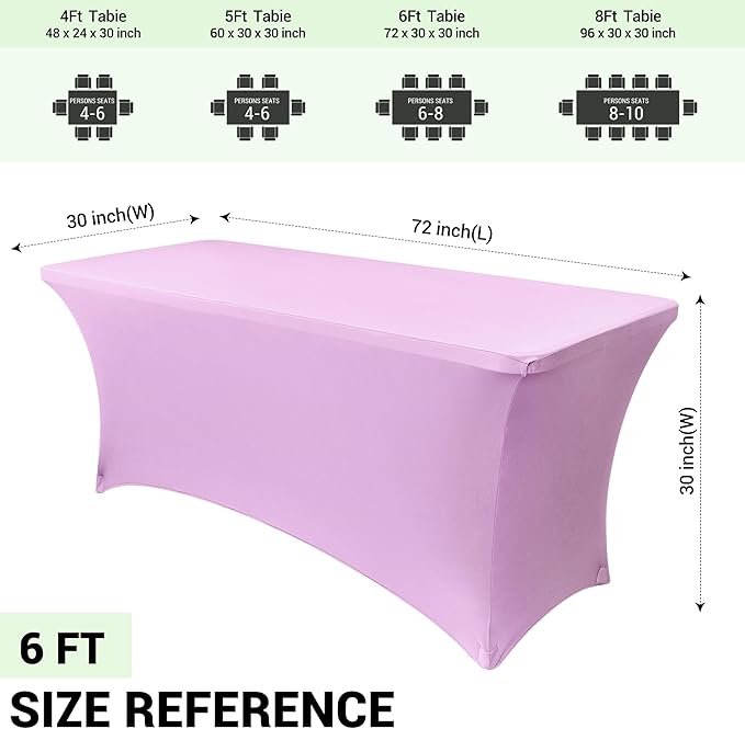 Obstal 6ft Stretch Spandex Table Cover for Standard Folding Tables - Universal Rectangular Fitted Tablecloth Protector for Wedding, Banquet and Party, 72L x 30W x 30H Inches, Light Purple, 2pc