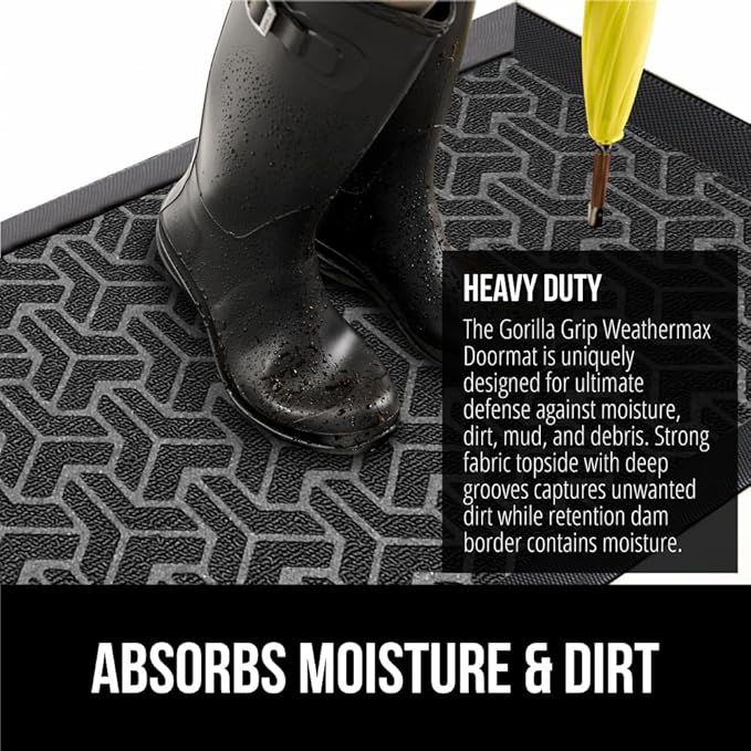 GORILLA GRIP 100% Waterproof All-Season WeatherMax Doormat, US Designed Natural Rubber, Stain and Fade Resistant, Low Profile Indoor Outdoor Door Mats, Easy Clean Patio Mat, 17x29, Slate Geometric