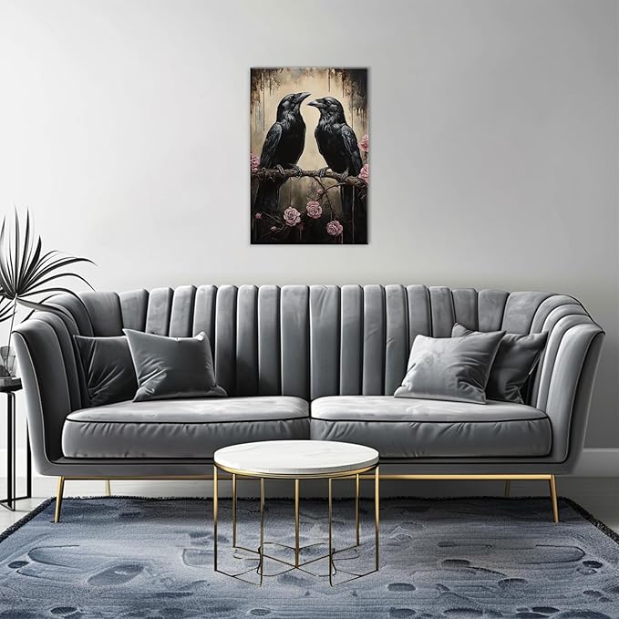OAAPITI Crow Canvas Wall Art Black Raven Picture Print Pink Rose Poster Vintage Gothic Painting Artwork for Living Room Halloween Decor(Artwork-6,12"x18")