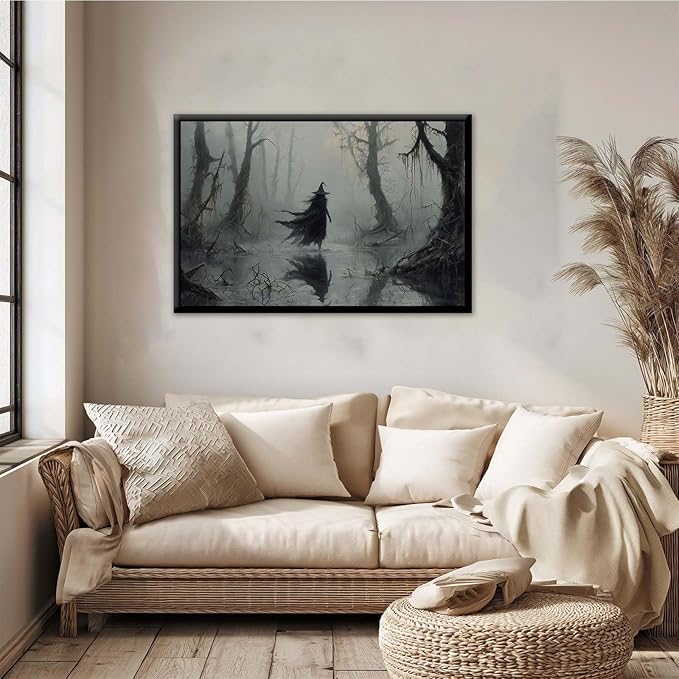 JFHCQJPK Vintage rustic swamp witch poster dark moody wall art gothic horror season halloween print for home decor retro dark moody painting8x12in Metal blackFramed