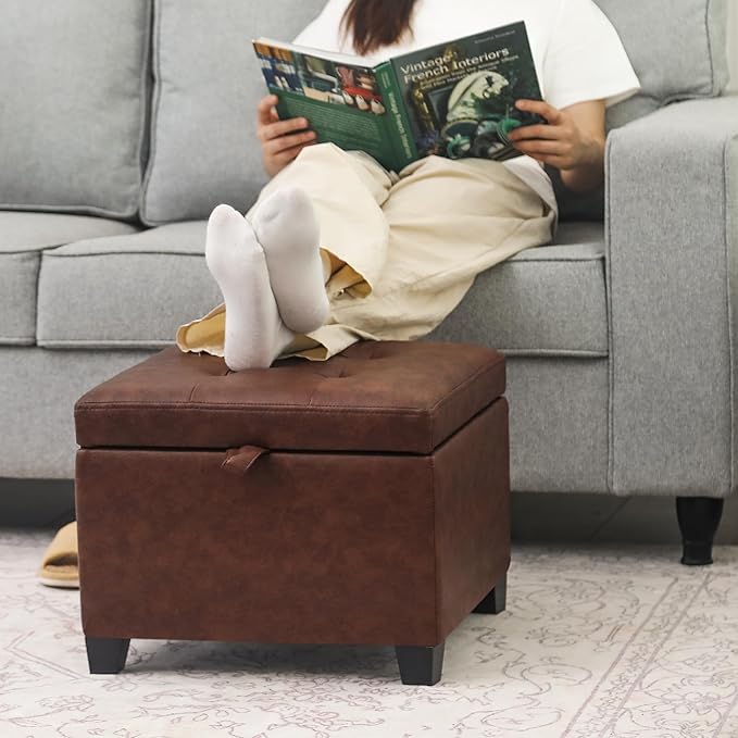 Adeco Faux Leather Storage Ottoman Bench with Wood Legs, 17.7" Square Red and Brown PU Cube Foot Stool, Upholstered Button Tufted Vanity Chair with Hinged Lid for Living Room, Bedroom, Dorm