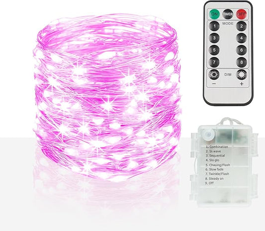 suddus Pink Christmas Fairy Lights Battery Operated Outdoor Waterproof, 66ft 200 Led String Lights with Remote, Twinkle Lights for Bedroom, Dorm, Tapestry, Party Decorations