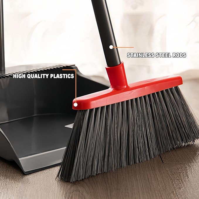 Small Broom Stiff Bristles Brush with Long Handle Indoor or Outdoor Compact Broom for Sweeping Patio Garage Garden,Deck,Concrete Floor,Bathroom (Red)