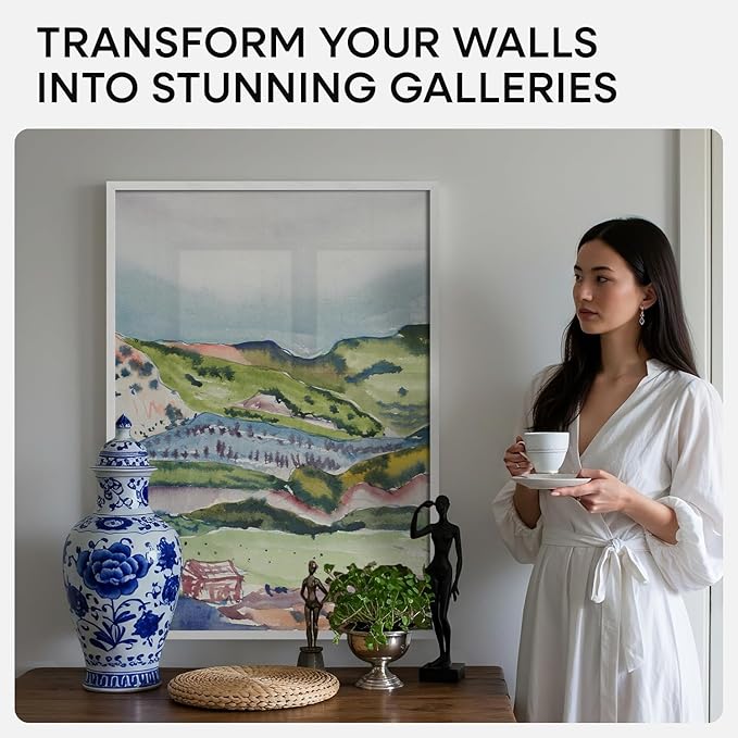 Homeforia 20x28 Picture Frame White, High End Oak 20 x 28 White Wood Poster Frames with Mat 14 by 22 Photo, 20x28 Wooden Frame Matted to 14x22, 28x20 Hanging Frames, Tempered Glass, Wall Kit, Set of 1