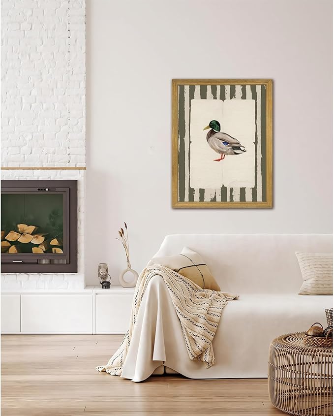 Vintage Framed Duck Wall Art Print, Rustic Mallard Bird Illustration Canvas Poster, Cottagecore Animal Artwork, Farmhouse Nature Wall Decor for Living Room Kitchen Bathroom Bedroom 16x24 inch