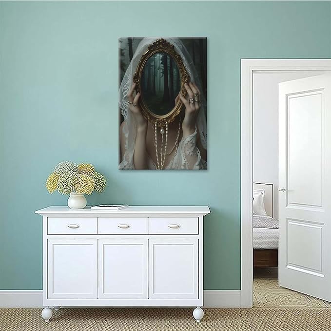 Mirror face covering dark art poster print melancholy gothic painting vintage feminine print victorian style decoration antique art16x24in Wood Framed