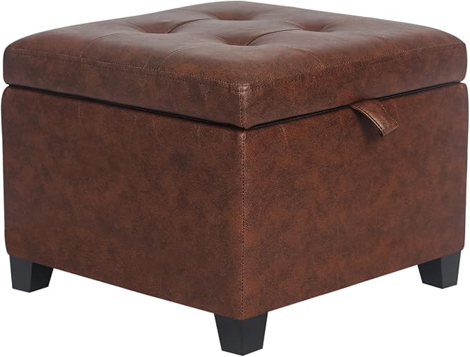 Adeco Faux Leather Storage Ottoman Bench with Wood Legs, 17.7" Square Red and Brown PU Cube Foot Stool, Upholstered Button Tufted Vanity Chair with Hinged Lid for Living Room, Bedroom, Dorm