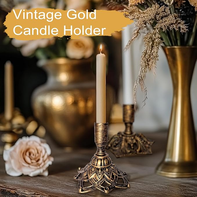Candlestick Holders,Taper Candle Holder for Candlesticks Gold Brass Vintage Candle Metal Stick Candle Holders for Fireplace, Party, Dining,Wedding Decor,Fits 3/4 inch Thick Candle(Set of 2Pcs)