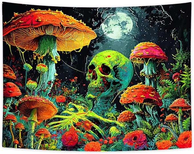 Xiaoput Blacklight Skull Tapestry, Black Light Skeleton Tapestry for Bedroom, UV Reactive Neon Gothic Tapestry for Men, Glow in Dark Trippy Forest Tapestry Wall Hanging for Home Decor,70X60IN