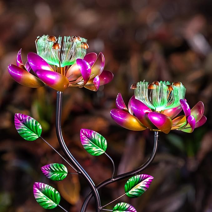 Solar Wind Spinners Pink Twin Flowers for Yard and Garden, Solar Windmill Garden Whirligig Kinetic Spinners Decor for Lawn, Patio, Yard, Metal Wind Outdoor Sculpture