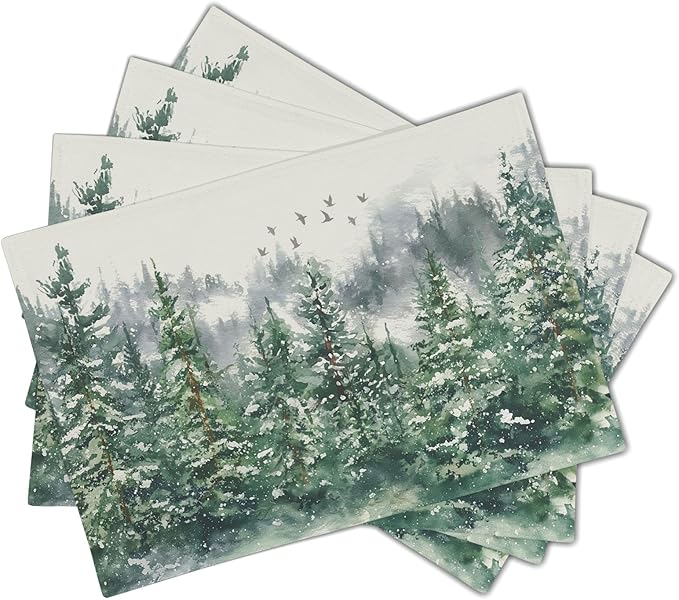 Green Watercolor Tree Christmas Placemats Set of 4 Seasonal Winter Theme Place Mats 12x18 Inch Xmas Holiday Washable Table Mats for Home Party Kitchen Dining