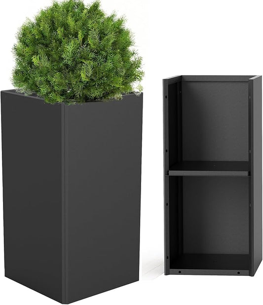 Modern Metal Planter Black – 28” Tall with Removable Insert Shelf | Heavy-Duty Outdoor & Indoor Planter Box for Patio, Porch, Garden (14x14x28in)