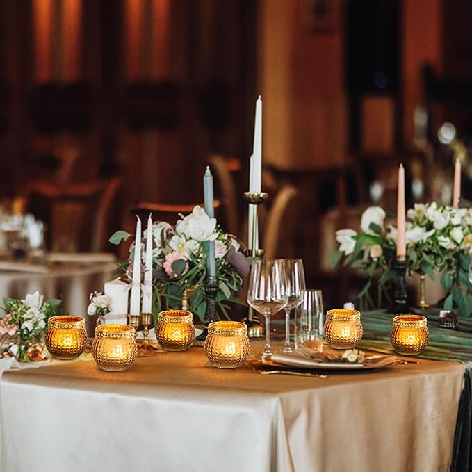 Amber Votive Candle Holders,Small Glass Tea Light Holder 12pcs,for Wedding Table,Vintage Boho Party,Holiday Centerpieces Fall Decorations