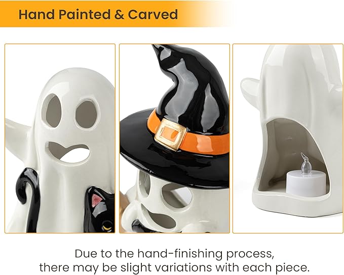 AELS Ceramic Happy Ghost with 3 Tea Lights, Spooky Candle Holder Set of 3, Tabletop Indoor Halloween Decorations for Holiday Party Home, Spooky Sculptures Ghost Figurines, Smoke White