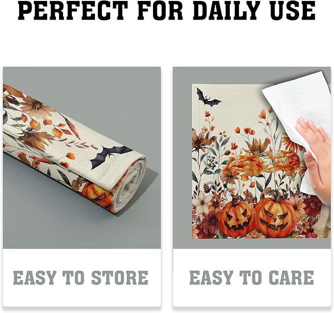 Halloween Placemats Set of 4 Vintage Wildflower Pumpkin Ghost Bat Place Mats 12x18 Inch Rustic Retro Spooky Washable Table Mats for Party Kitchen Dining Decoration