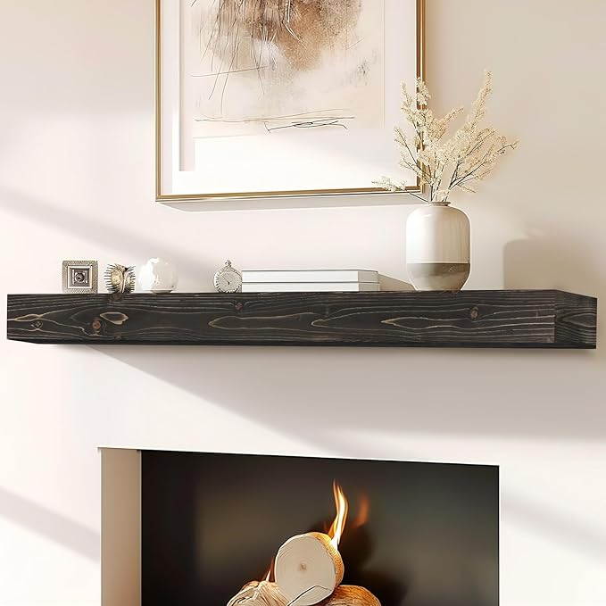 60x8x3 Fireplace Mantel - Handcrafted Hollow Rustic Solid Wood Wall Mounted Floating Shelf with Invisible Heavy Duty Wood Bracket (Weathered Black)