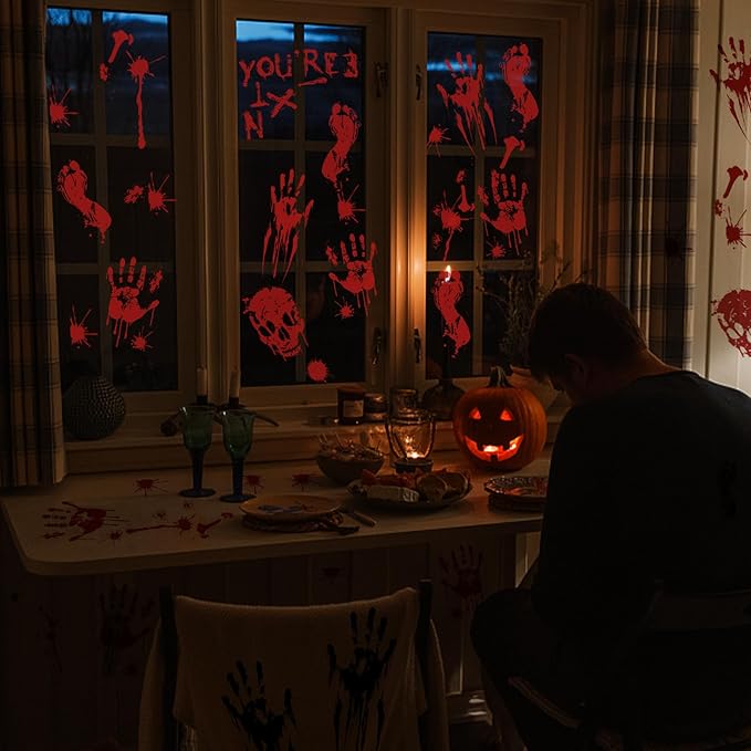 Halloween Decorations-10 Sheets Halloweens Window Clings-Scary Bloody Handprint Skullprint Footprint Window Stickers Decals for Window Floor Glass Bathroom Indoor Outdoor Party Decor