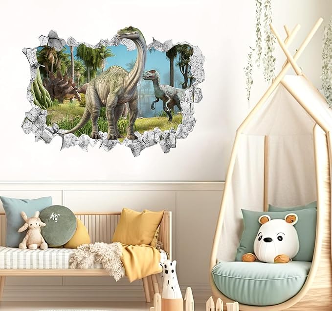 Large 3D Dinosaur Wall Stickers (31.7”x 22.5”), Dino Broken Hole Vinyl Wall Decals, Removable Forest Dinosaur Animal Wall Art for Kids Boys Bedroom Playroom Decor