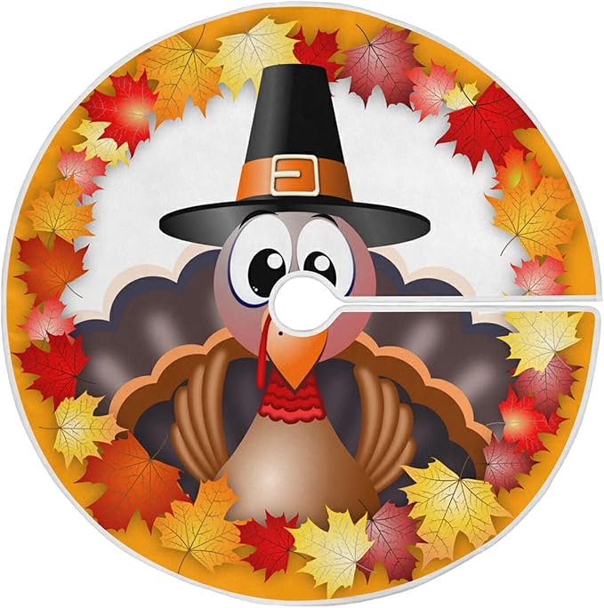 Thanksgiving Turkey Maple LeafTree Skirt, Seasonal Tree Mat Holiday Party Supplies Ornaments Indoor Outdoor Decorations for Tabletop Trees 35.4 Inches