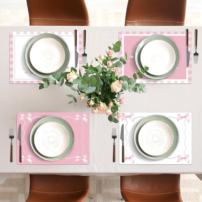 Pink Bow Plastic Place Set of 6 Cute Coquette Butterfly Bowknot Dinner Table Mats Pink Ribbon Bow Mats Wedding Baby Shower Birthday Table Decoration for Indoor Outdoor Party Kitchen Dining