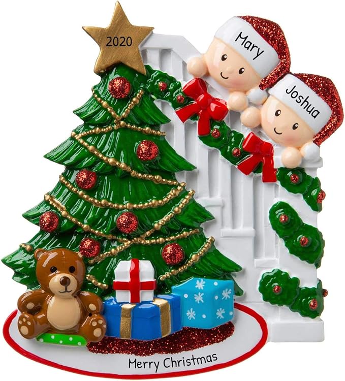 3D Personalized Our First Christmas Ornament 2025 | Peeking Over Staircase Couple Ornaments in Santa Hat Couples Ornament 2025 Family of 2 Unique for a Couple Ornaments Couples Gifts