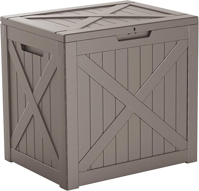 Vixzen 32 Gallon Resin Deck Box - Lockable Outdoor Storage for Patio Cushions, Garden Tools, Pool Supplies，Grey