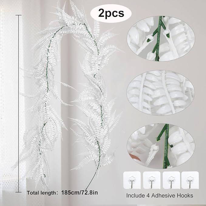 RECUTMS 2pcs Artificial Garland Faux Hanging Boston 6FT Fern Garlands Fake Greenery Ferns Plants for Halloween Thanksgiving Wedding Indoor Outdoor Party Wall Door Frame Fireplace Decor(White)