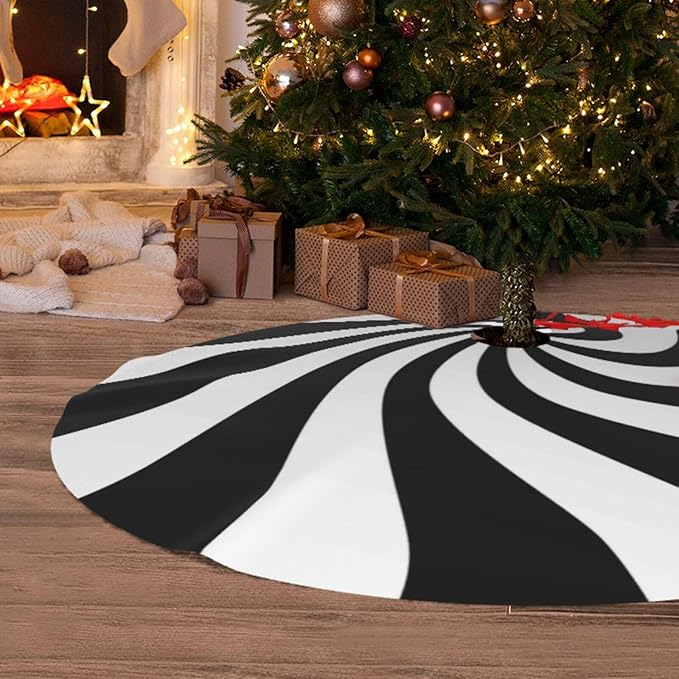 36" Black Sugar Swirl Candy Christmas Tree Skirt, Sweet Peppermint Tree Mat Base Cover for Xmas Festive Holiday Party Decoration Ornaments
