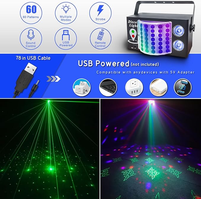 3-in-1 Disco Party Lights, LED DJ Rave Strobe Light, Sound Activated Remote Control Stage Light Projecter Dancing Lights for Wedding Birthday Christmas Holiday Music Show Dance (8.46“*4.52”*5.3“)