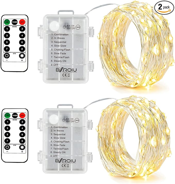 2 x Fairy Lights Battery Operated,Silver Wire Chains 8 Mode 16Ft/5Meter 50 LEDs Timer String Lights with Remote Control for Bedroom Christmas Party Wedding Decoration(Warm White)
