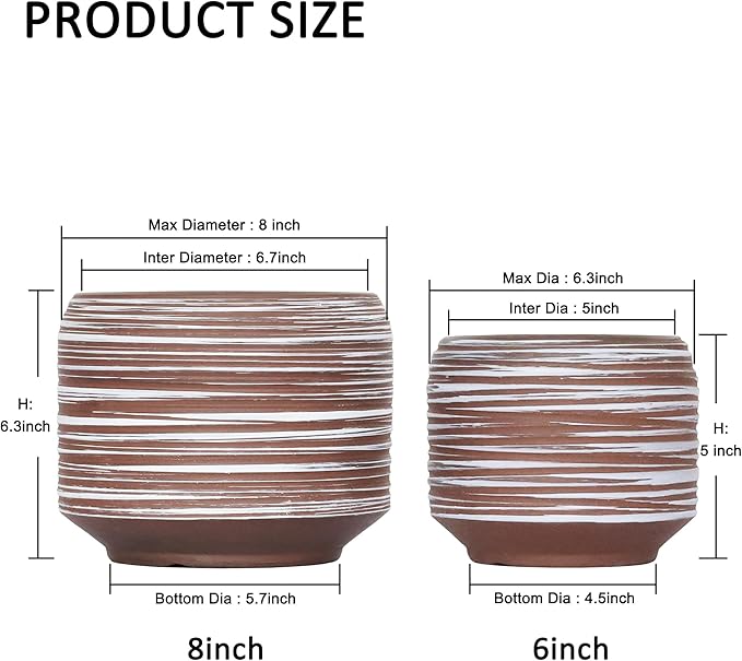 8 Inch + 6 Inch Ceramic Plant Pots Indoor with Drainage – Flower Pot Set, Decorative Indoor Planters for House Plants and Garden Use