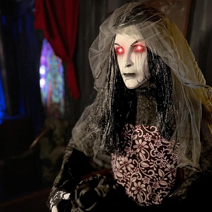 Haunted Hill Farm Rising Ghost Bride by Tekky, Battery-Operated, Sound Activated Animatronic with Sound Effects and Lights for Indoor or Covered Outdoor Creepy Halloween Decoration