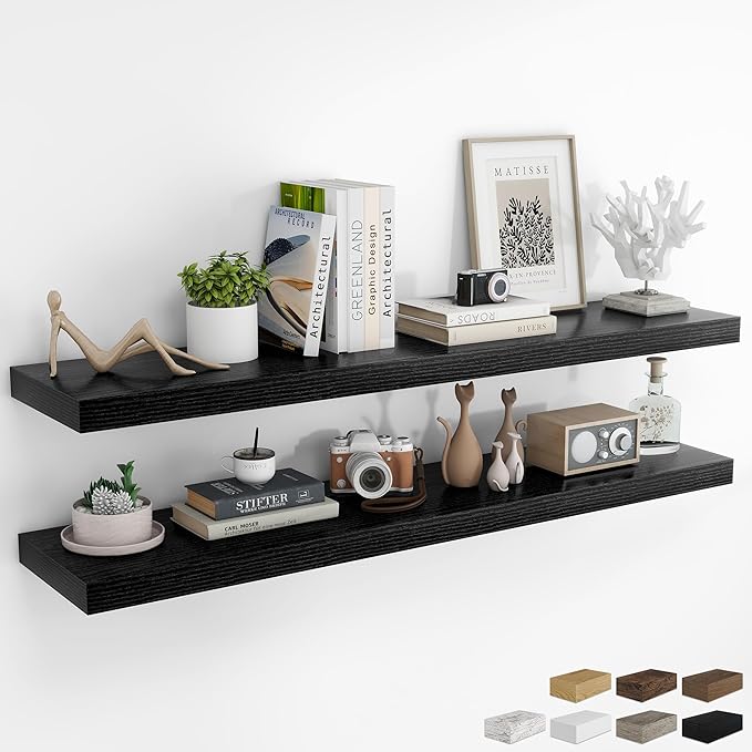 RICHFOCUS 55Inch Floating Shelves for Wall 2 Pack Shelves for Bedroom|Kitchen|Bathroom Wall Mounted Rustic Wood Floating Shelf with Invisible Brackets for Books|Storage|Decor, Black