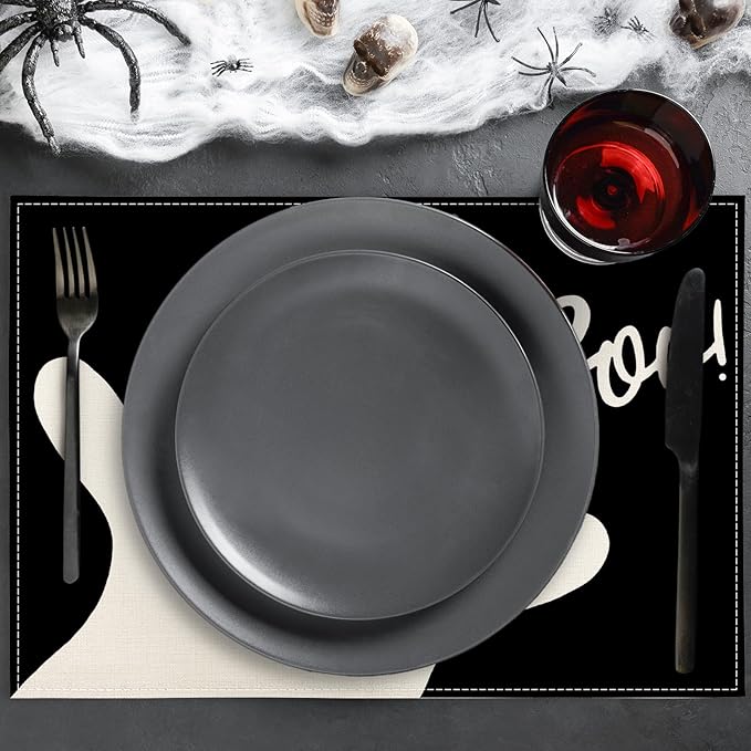 Halloween Ghost Placemats Black Cute Ghost Boo Table Mats 12 x 18 Inch Trick or Treat Kitchen Place Mats for Party Home Dining Table Decoration, Set of 4