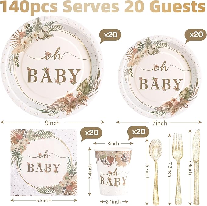 140 Pcs Boho Baby Shower Decorations for Girl, Baby Shower Plates and Cups and Napkins Sets, Oh Baby Plates for Western Sweet Baby Girl, Summer Fall Neutral, Serves 20