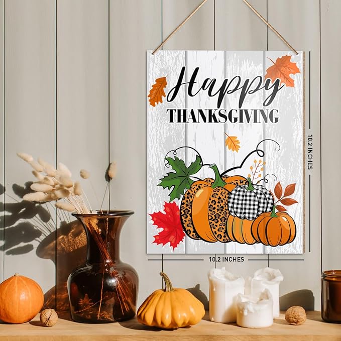 UDNADKEX Happy Thanksgiving Decorations Hanging Sign, Thanksgiving Decor Rustic Buffalo Plaid Pumpkin Wooden Wall Sign Decorations