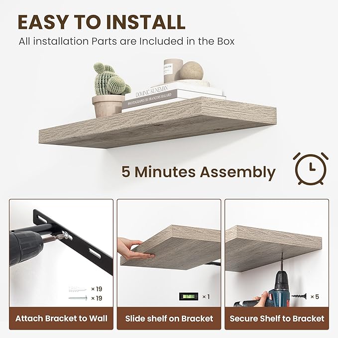 48 Inch Floating Shelves, 11.6 Inch Deep Floating Shelves for Wall, Floating Shelf with Invisible Brackets, Deep Shelves for Bathroom, Bedroom, Living Room, Vintage Gray Oak