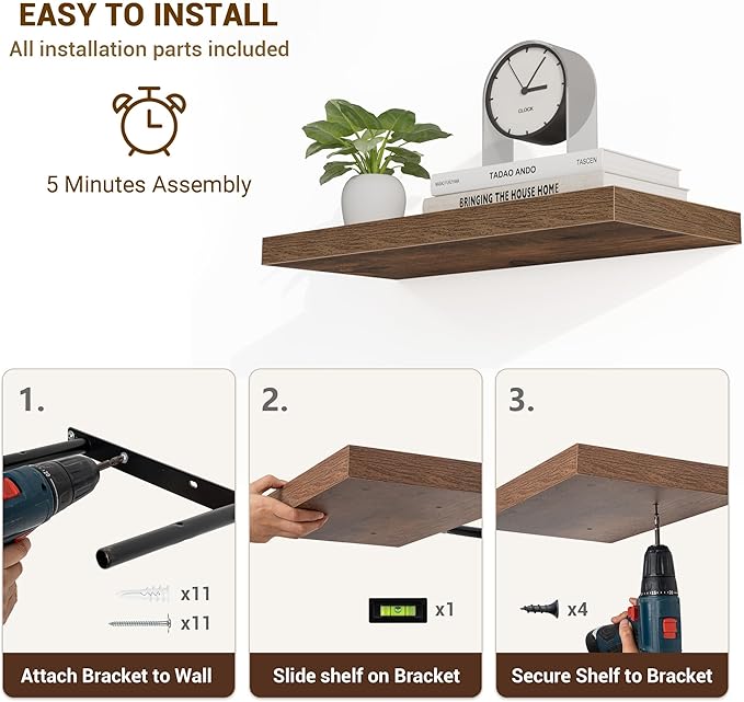 16 Inch Floating Shelves, 16"x9.25"x1.5" Inch Deep Floating Shelves for Wall, Wooden Shelves for Bathroom, Bedroom, Living Room, Brown