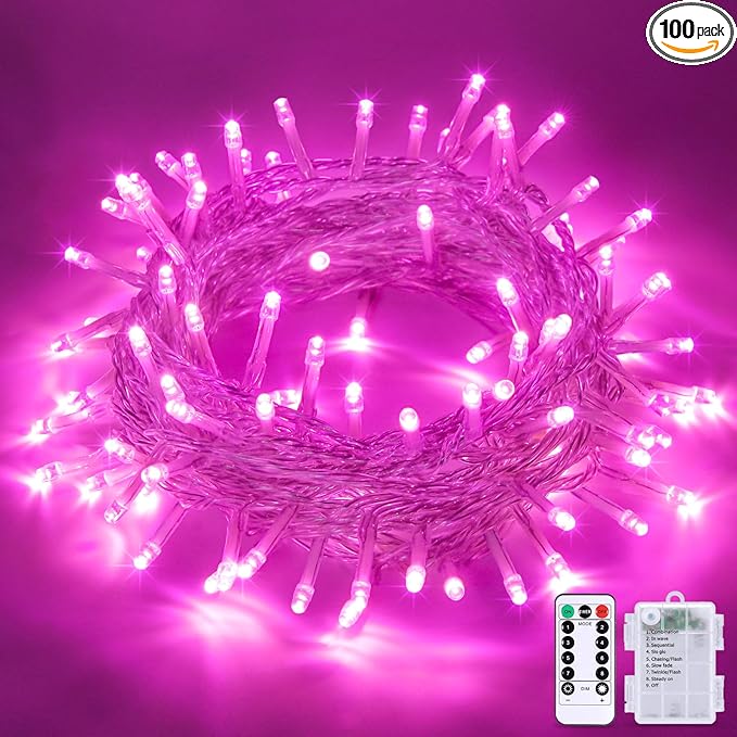 JMEXSUSS 33ft 100 LED Pink String Lights Battery Operated, Pink Fairy Twinkle Lights with 8 Modes Remote Indoor Outdoor for Bedroom Christmas Party Tree Decorations