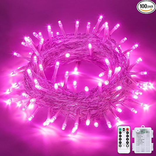 JMEXSUSS 33ft 100 LED Pink String Lights Battery Operated, Pink Fairy Twinkle Lights with 8 Modes Remote Indoor Outdoor for Bedroom Christmas Party Tree Decorations