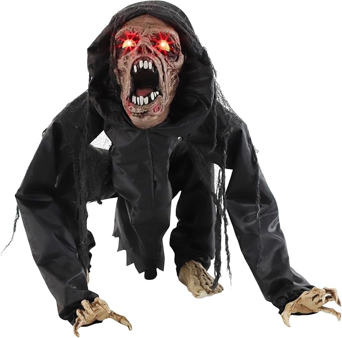 Haunted Hill Farm Scary Crouching Zombie, Halloween Animatronic with Touch Activated Lights and Sounds, Battery Operated Indoor or Covered Outdoor Halloween Decorations, Creepy Halloween Props
