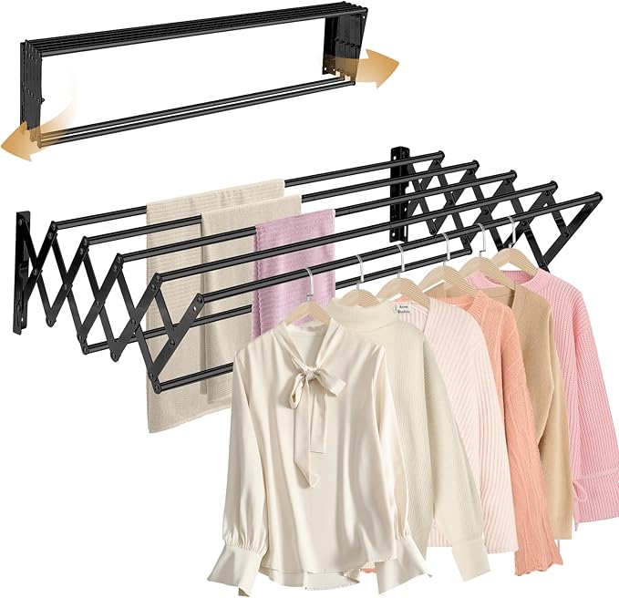 XL-31.5'' Wall Mounted Clothes Drying Rack, 130 lbs Large Capacity Rustproof Retractable Collapsible Drying Rack Easy Install with 7 Drying Rods, Space Saving Towel Clothes Rack for Laundry-Black