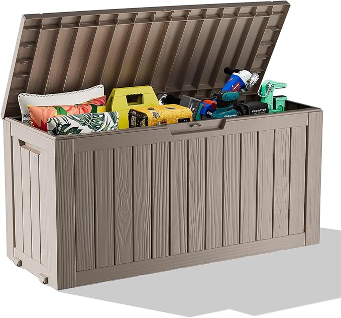 75 Gallon Resin Deck Box, Lockable Patio Outdoor Storage Box for Furniture, Garden Tools and Tools Storage, Waterproof Outside Storage Boxes - Grey