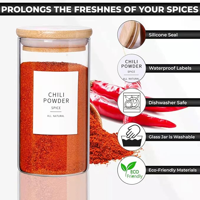 12 Pcs Glass Spice Jars With Bamboo Airtight Lids, 10oz Thicken(2.4mm) Spice Containers With 148 Minimalist Preprinted Waterproof Spice Labels, Kitchen Empty Small Storage Jars For Seasoning, Herb