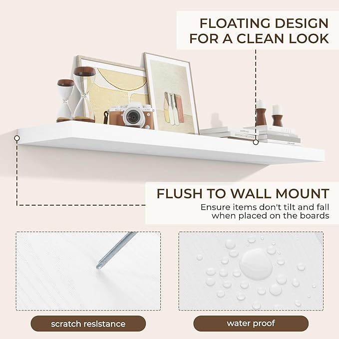 RICHFOCUS 55Inch Floating Shelves for Wall 1 Pack Shelves for Bedroom|Kitchen|Bathroom Wall Mounted Rustic Wood Floating Shelf with Invisible Brackets for Books|Storage|Decor, White