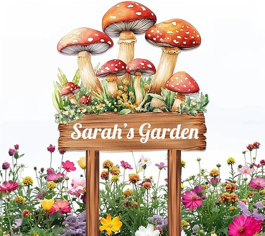 Personalized Mushroom Metal Sign with Stake,Custom Gardener Family Name Signs Outdoor Decor,Customized Flower Gardening Housewarming Gifts,Flowers Plaques for Patio Lawn Porch Backyard Farmhouse